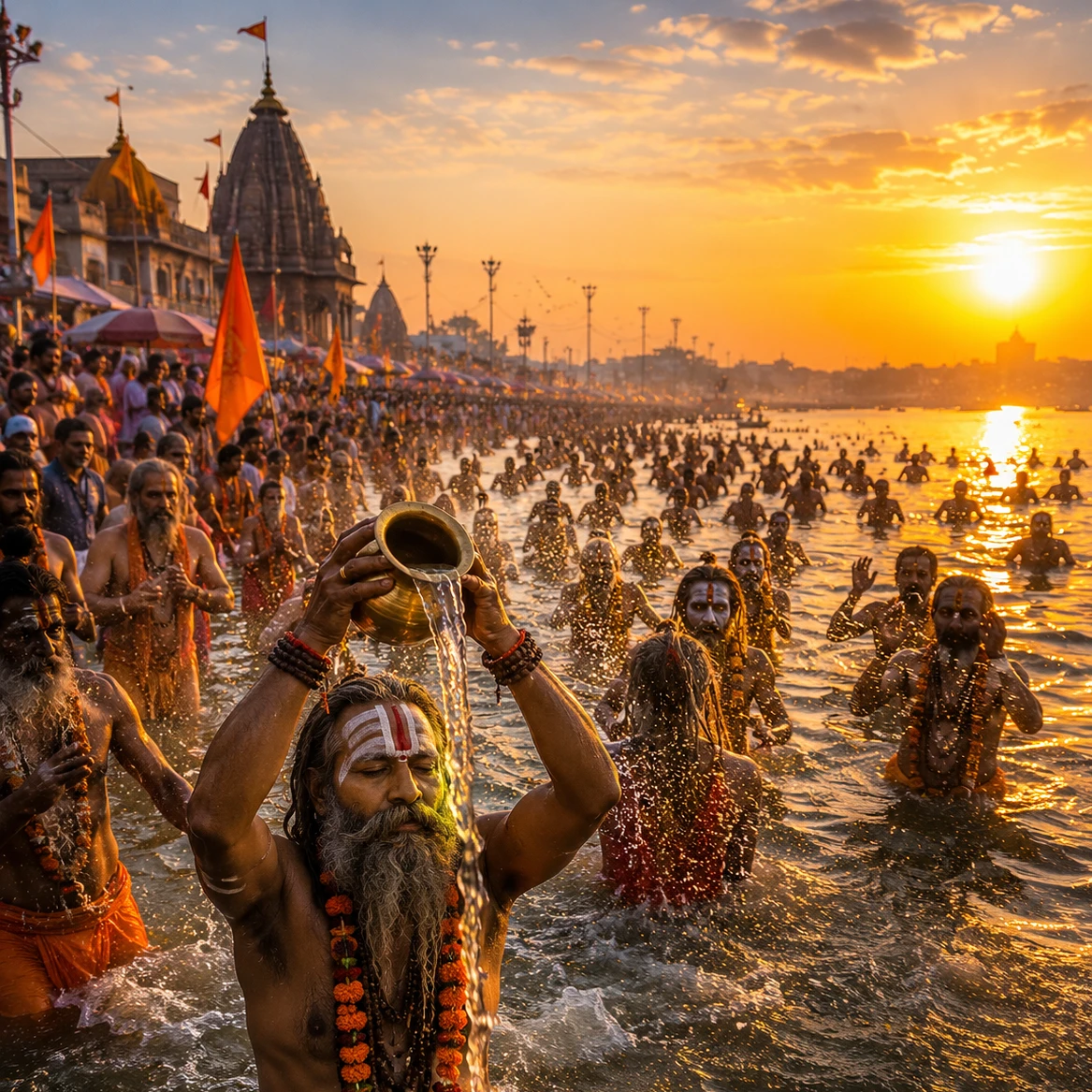 शाही स्नान के दौरान अखाड़ों, नागा साधुओं और श्रद्धालुओं की दिव्य शोभायात्रा का दृश्य