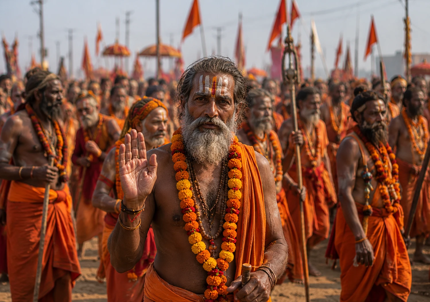 कुंभ मेले के प्रमुख अखाड़ों और संतों की भव्य पेशवाई का दृश्य