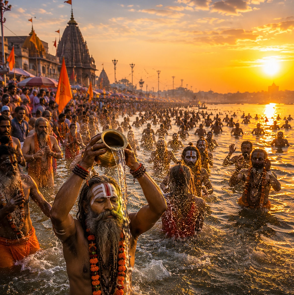 बृहस्पति के खगोलीय संयोग और कुंभ मेले की आध्यात्मिक परंपरा का प्रतीकात्मक दृश्य