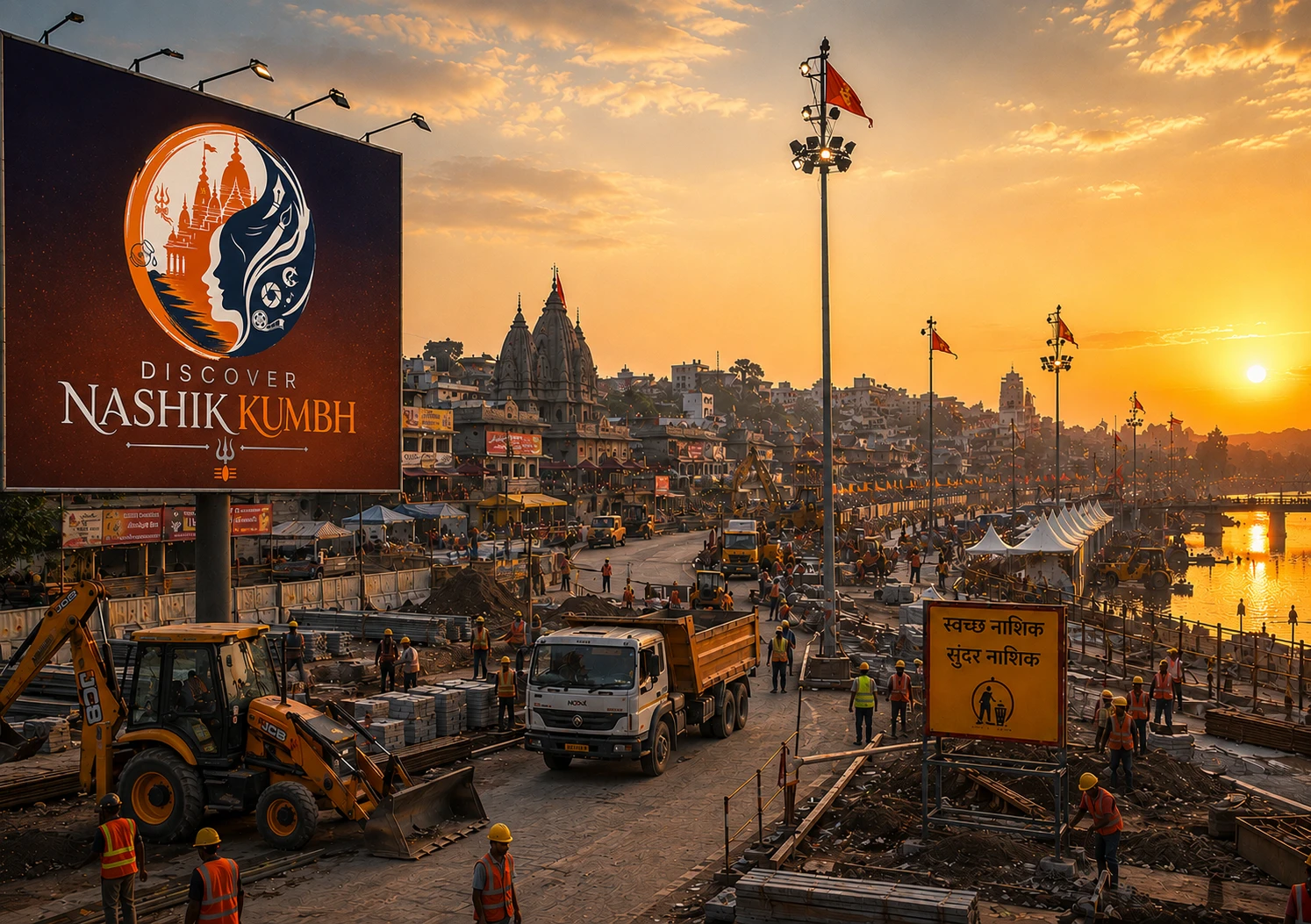 नासिक कुंभ २०२७ के लिए चल रहे आधुनिक विकास कार्यों और गोदावरी घाट का भव्य दृश्य
